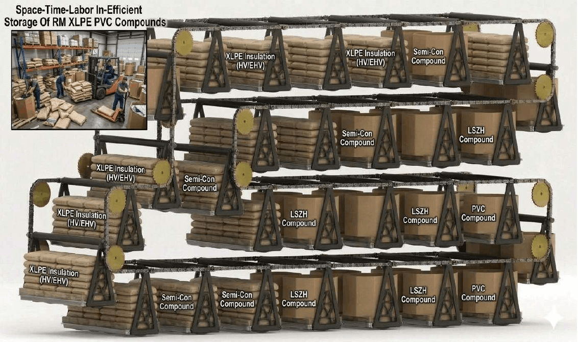 Vertical Carousels For Space-Time-Labor-Damage Efficient Vertical Storage Of RM XLPE PVC Polymer Compounds In Cables-Wires Manufacturing Plants